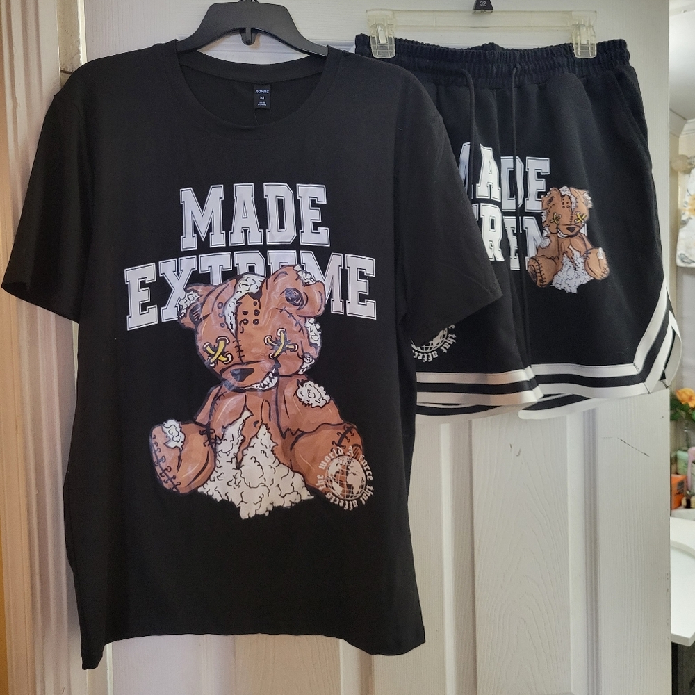 "Made Extrem" t-shirt and shorts set black with white details, both size M